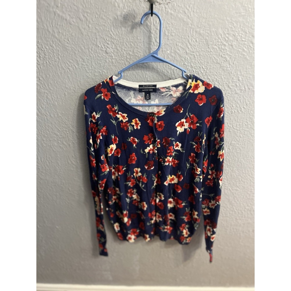 Lands End Button Up Cardigan Sweater Women Size Medium‎ 10-12 Blue Floral